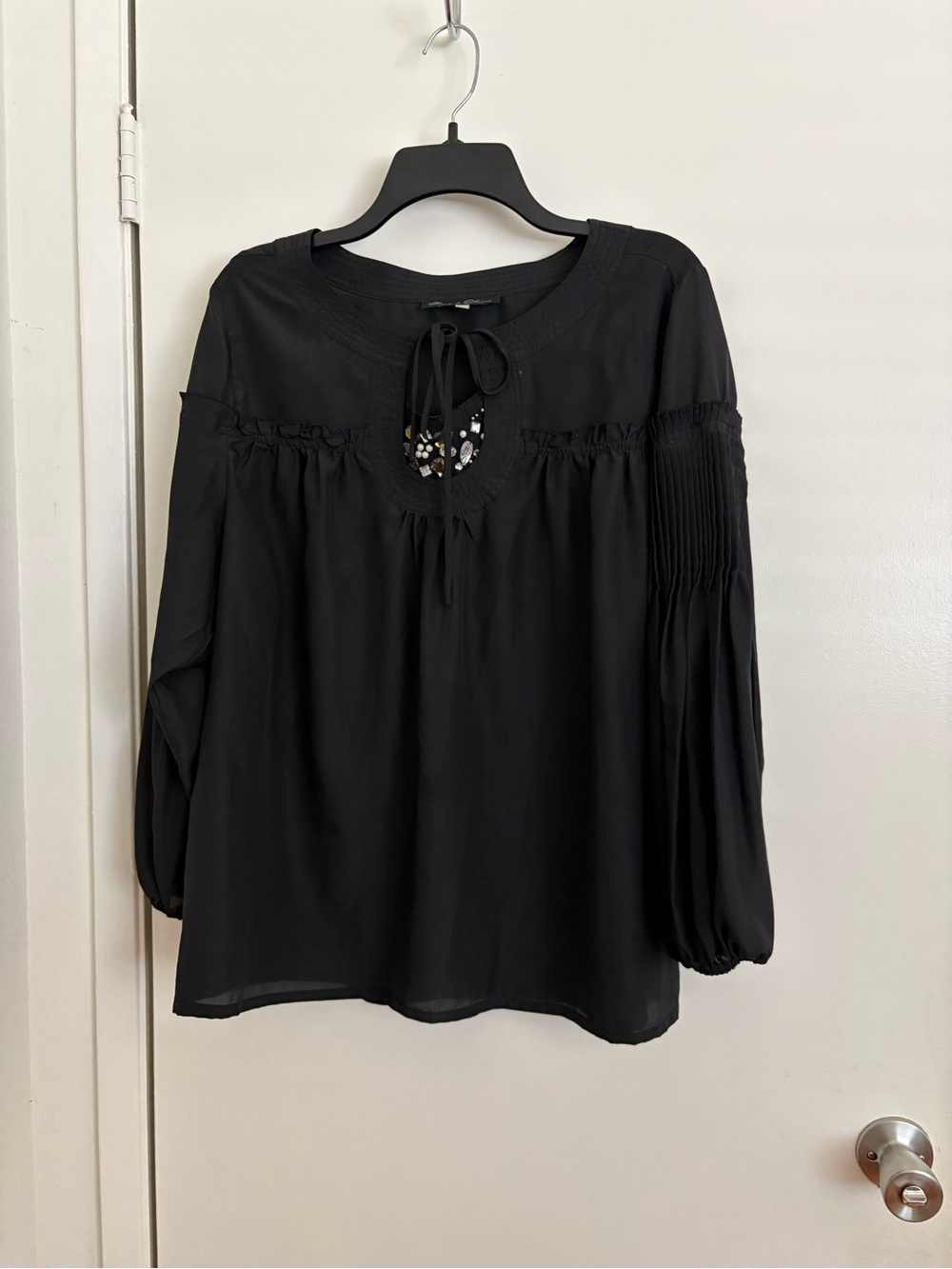 Rose & Olive Black Beaded Tie-Front Peasant Blouse